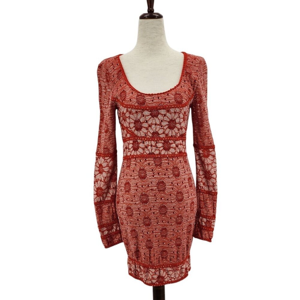 Free People Womens XS Dress Botanical Garden Floral Knit Bodycon Mini Orange